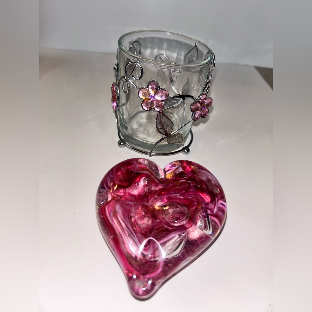 Vintage Signed Pink Swirl Glass Heart Paperweight & Floral Gem Votive